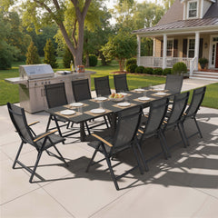 11-piece expandable patio dining set with aluminum table and 10 folding Textilene chairs on patio.