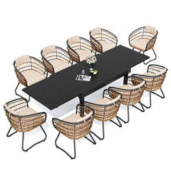 11-piece expandable patio dining set with black aluminum table and 10 handwoven PE rattan chairs.