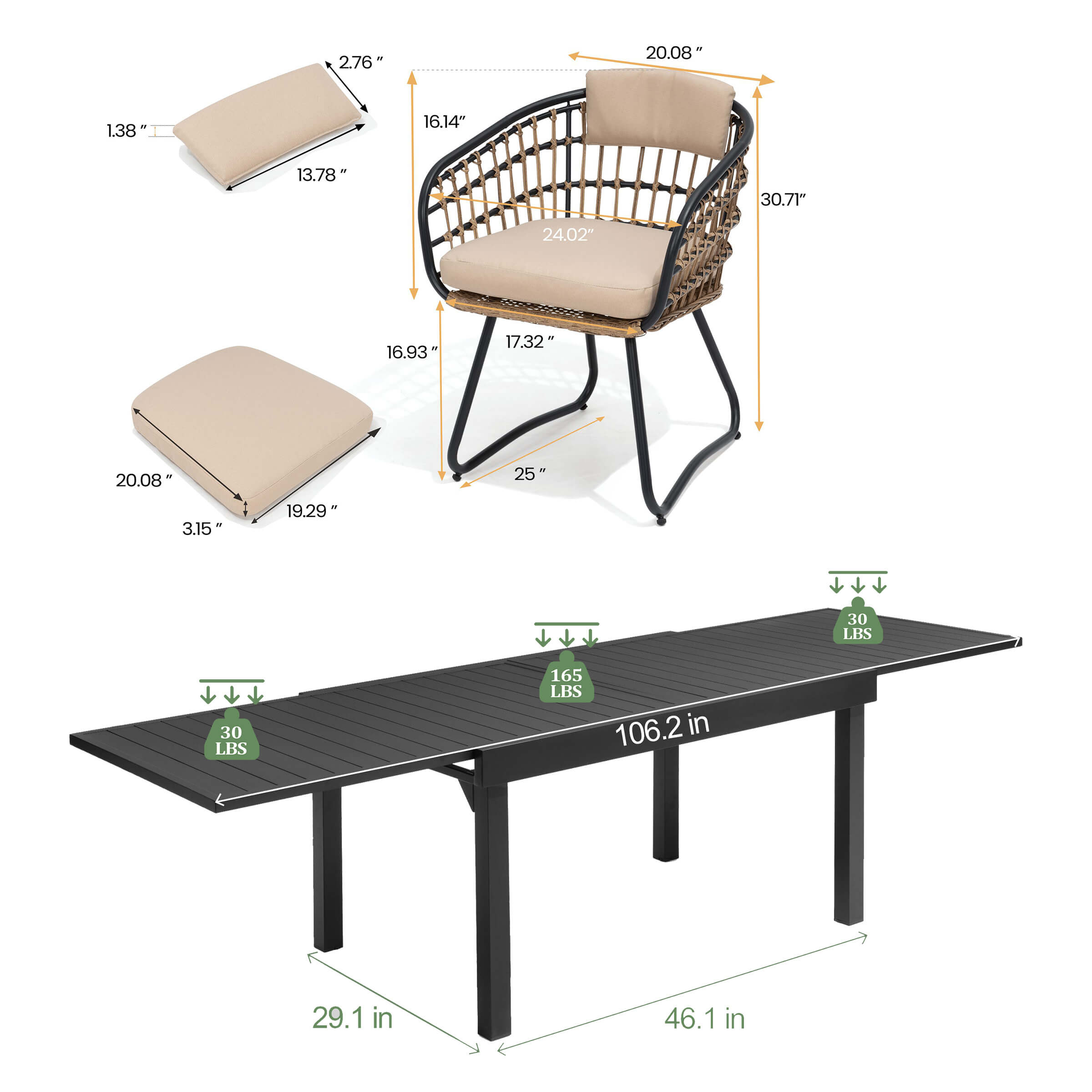 Dimensions of 106" expandable patio dining table and PE rattan chair with cushions.