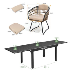 Dimensions of 106" expandable patio dining table and PE rattan chair with cushions.