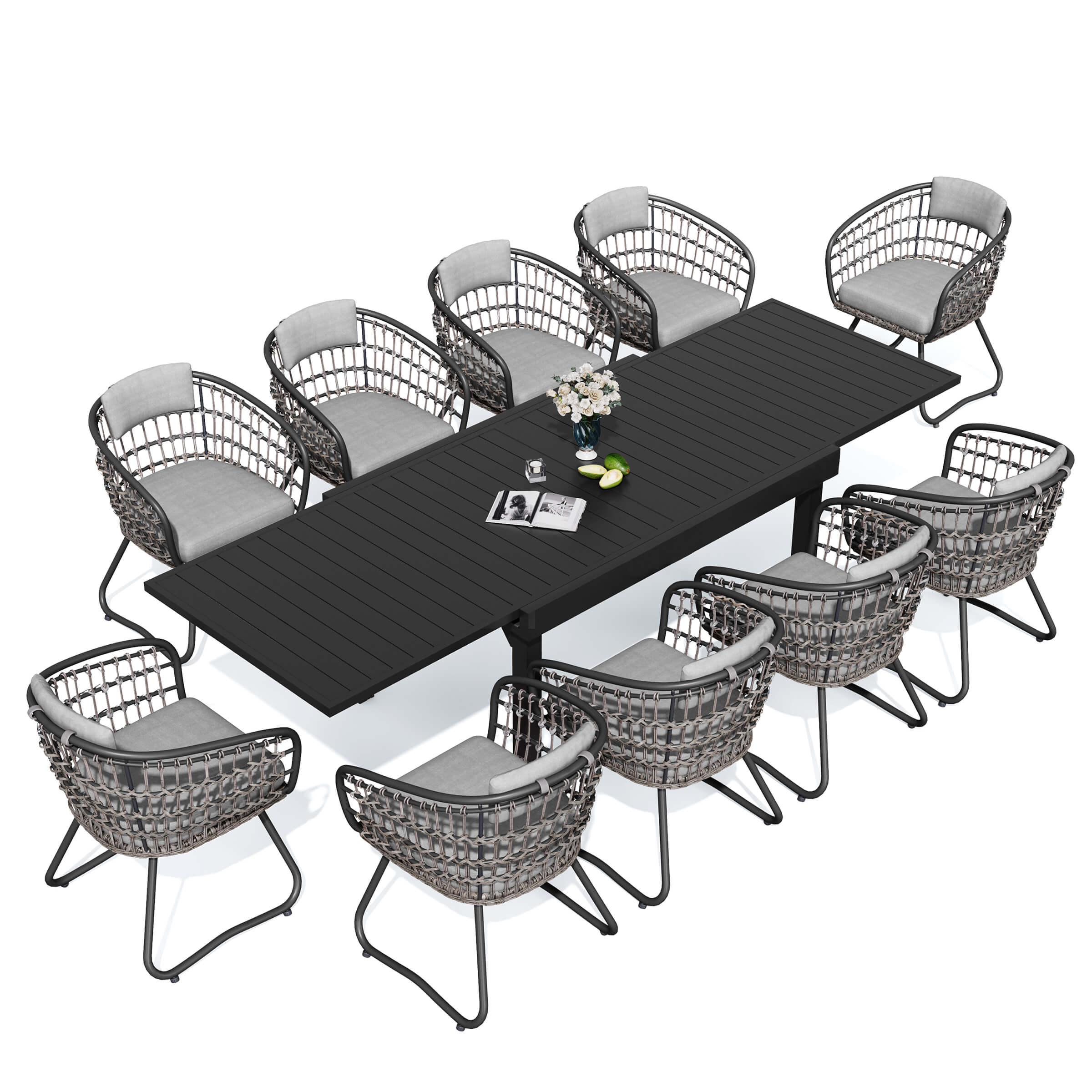 11-piece expandable patio dining set with black aluminum table and 10 grey PE rattan chairs.
