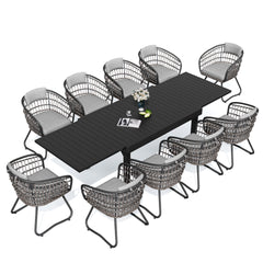 11-piece expandable patio dining set with black aluminum table and 10 grey PE rattan chairs.