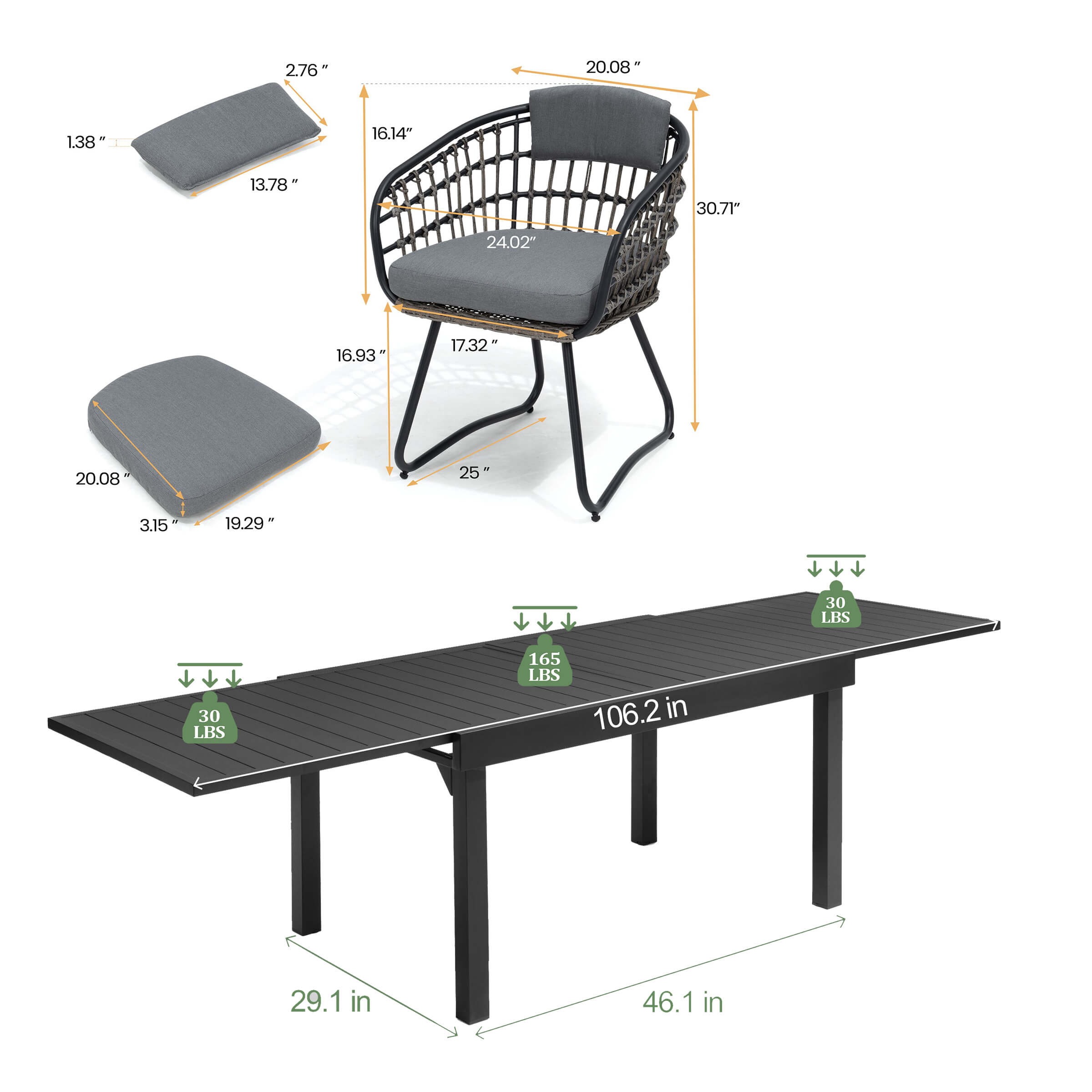 Dimensions of 106" expandable patio dining table and PE rattan chair with grey cushions.
