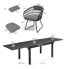 Dimensions of 106" expandable patio dining table and PE rattan chair with grey cushions.