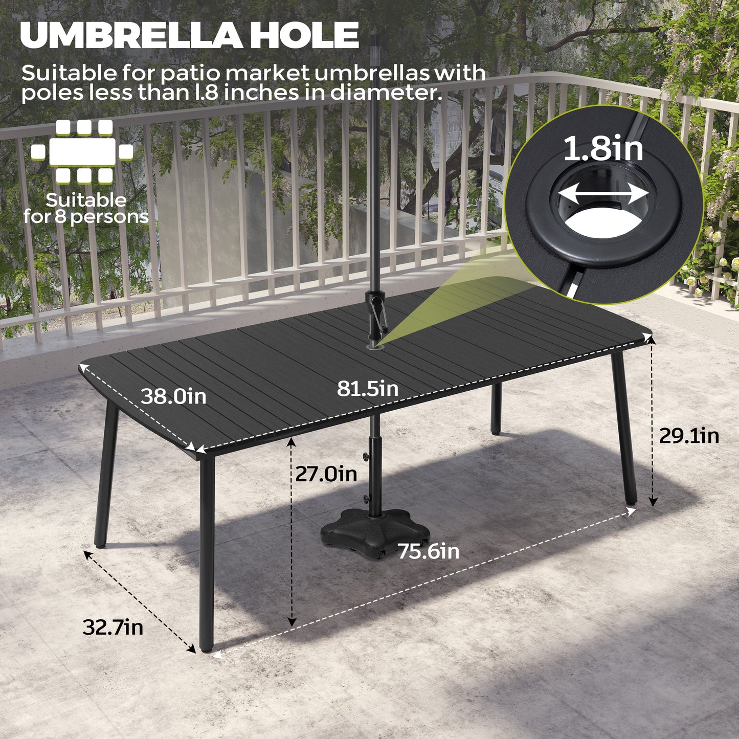 Crestlive Products 82 x 38 in. Aluminum Outdoor Dining Table with Umbrella Hole