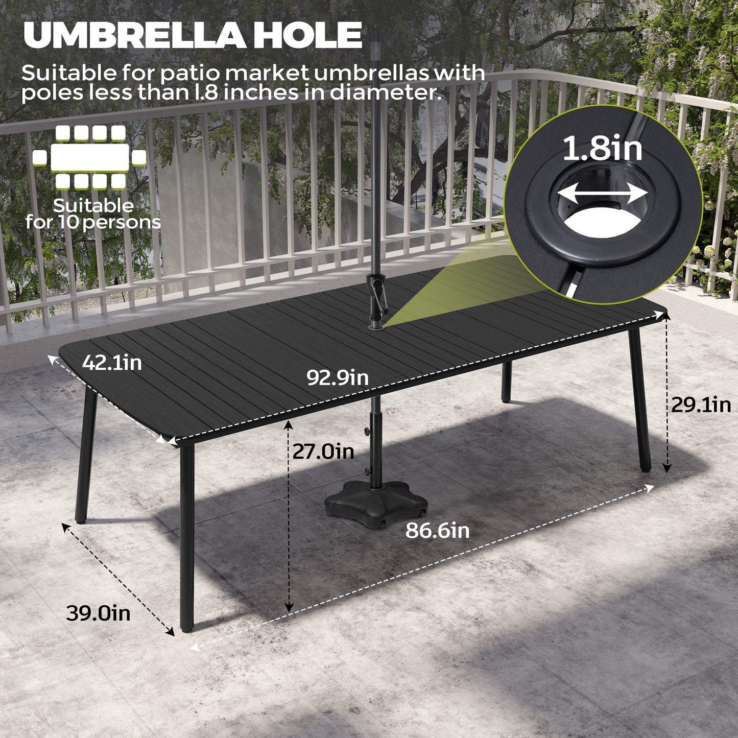 Crestlive Products 93 x 42 in. Aluminum Outdoor Dining Table with Umbrella Hole