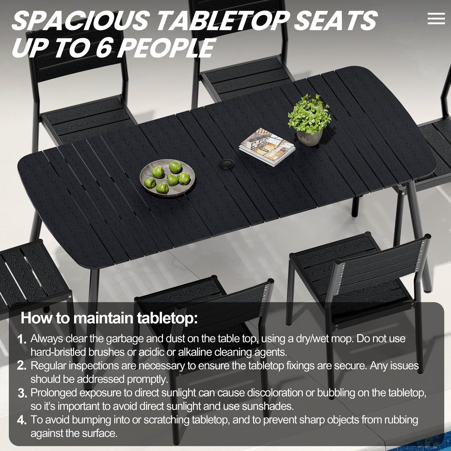 Crestlive Products Aluminum Patio Dining Set with Slat Rectangle Table, Umbrella Hole, and Stacking Chairs