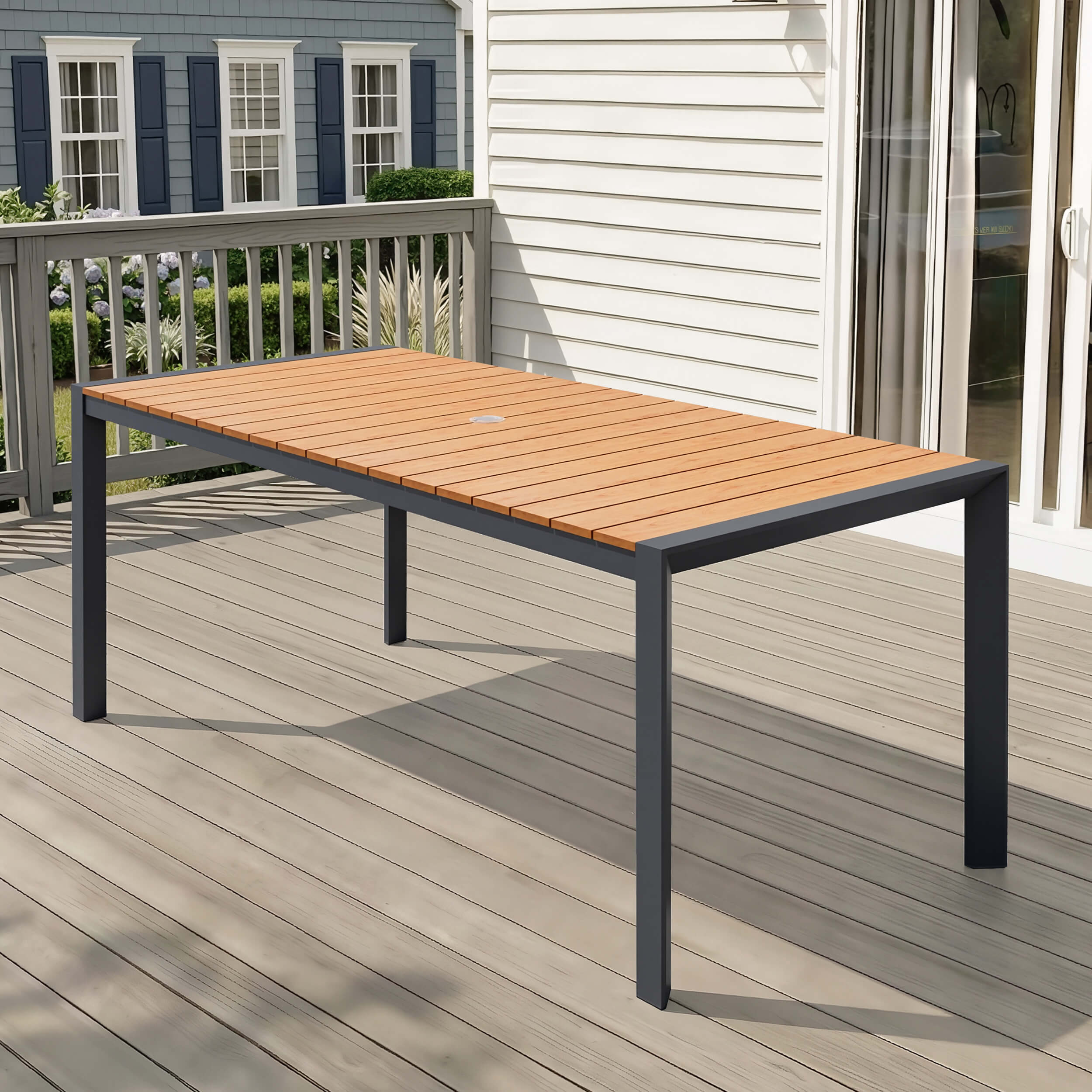 composite slatted patio dining table umbrella hole 84x39" Aluminum Dining Table w/ Umbrella Hole