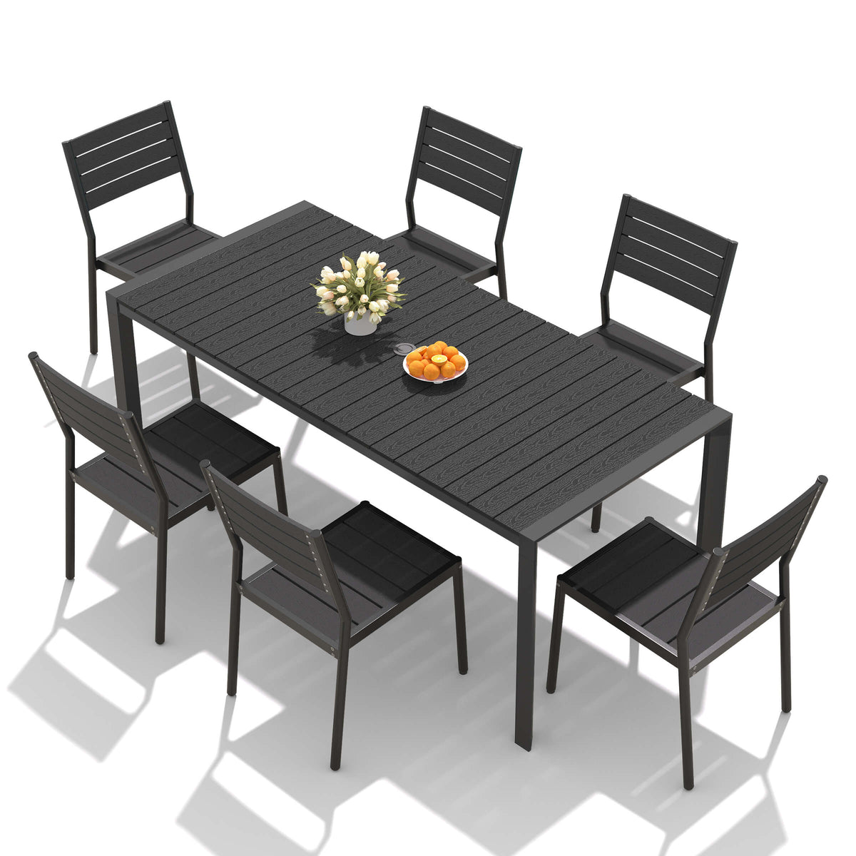 Patio dining set with grey WPC slatted umbrella table and armless aluminum dining chairs.