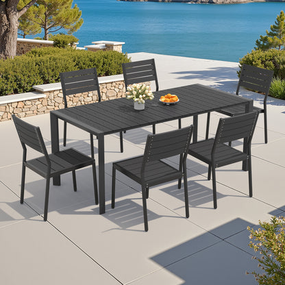Crestlive Products Rectangular Aluminum Outdoor Dining Table with Umbrella Hole with Outdoor Stackable Dining Chair