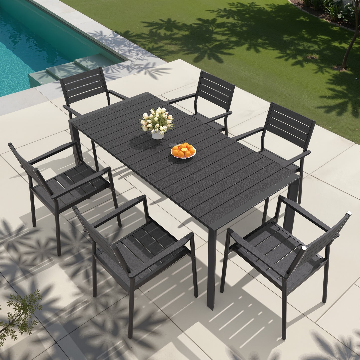 Crestlive Products Rectangular Aluminum Outdoor Dining Table with Umbrella Hole with Outdoor Stackable Dining Chair