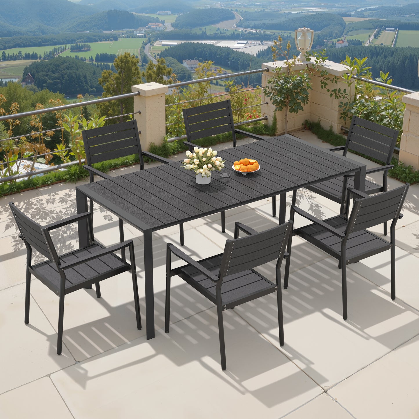 Crestlive Products Rectangular Aluminum Outdoor Dining Table with Umbrella Hole with Outdoor Stackable Dining Chair