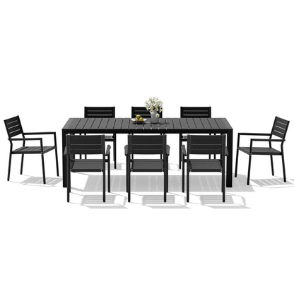 Crestlive Products Rectangular Aluminum Outdoor Dining Table with Umbrella Hole with Outdoor Stackable Dining Chair