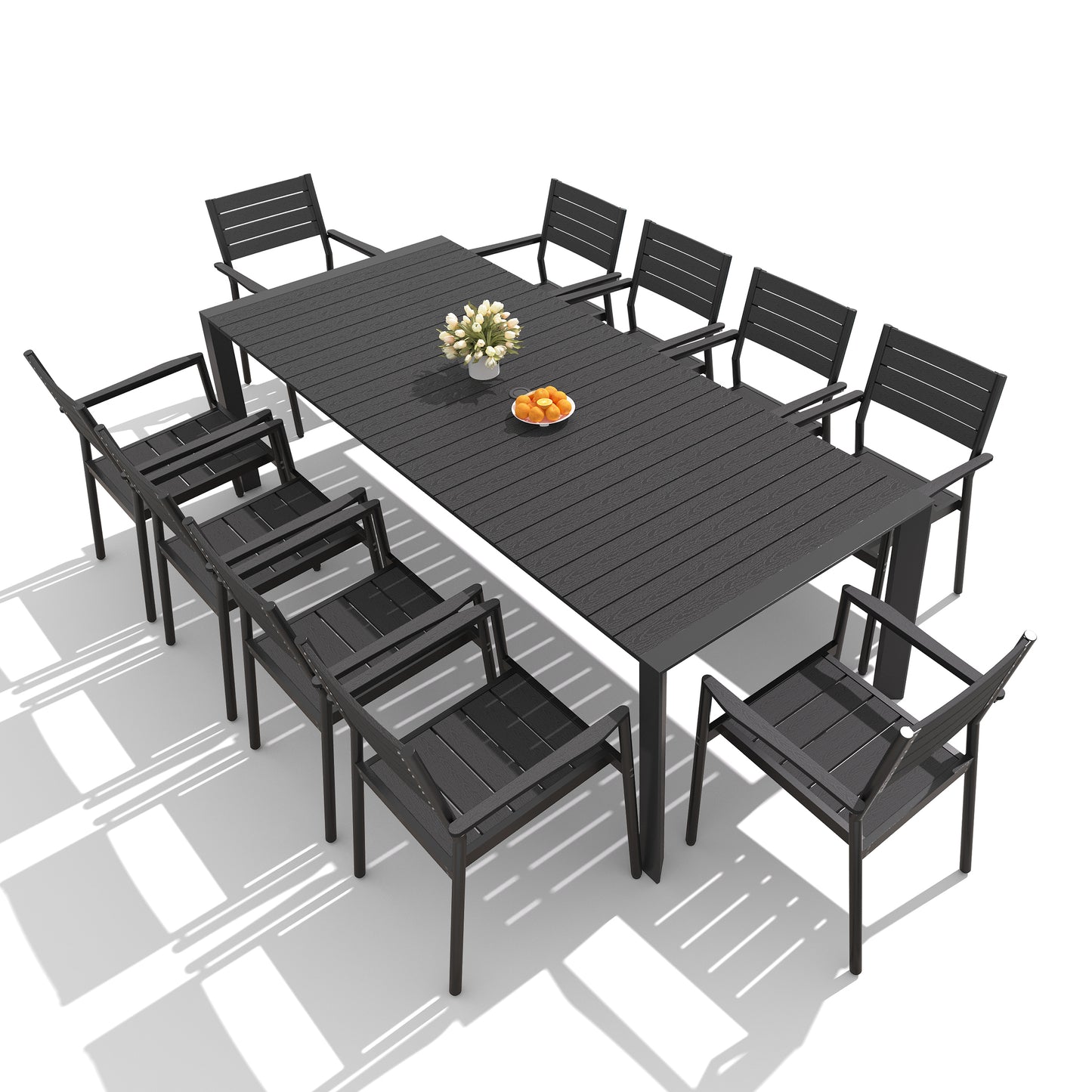 Crestlive Products Rectangular Aluminum Outdoor Dining Table with Umbrella Hole with Outdoor Stackable Dining Chair