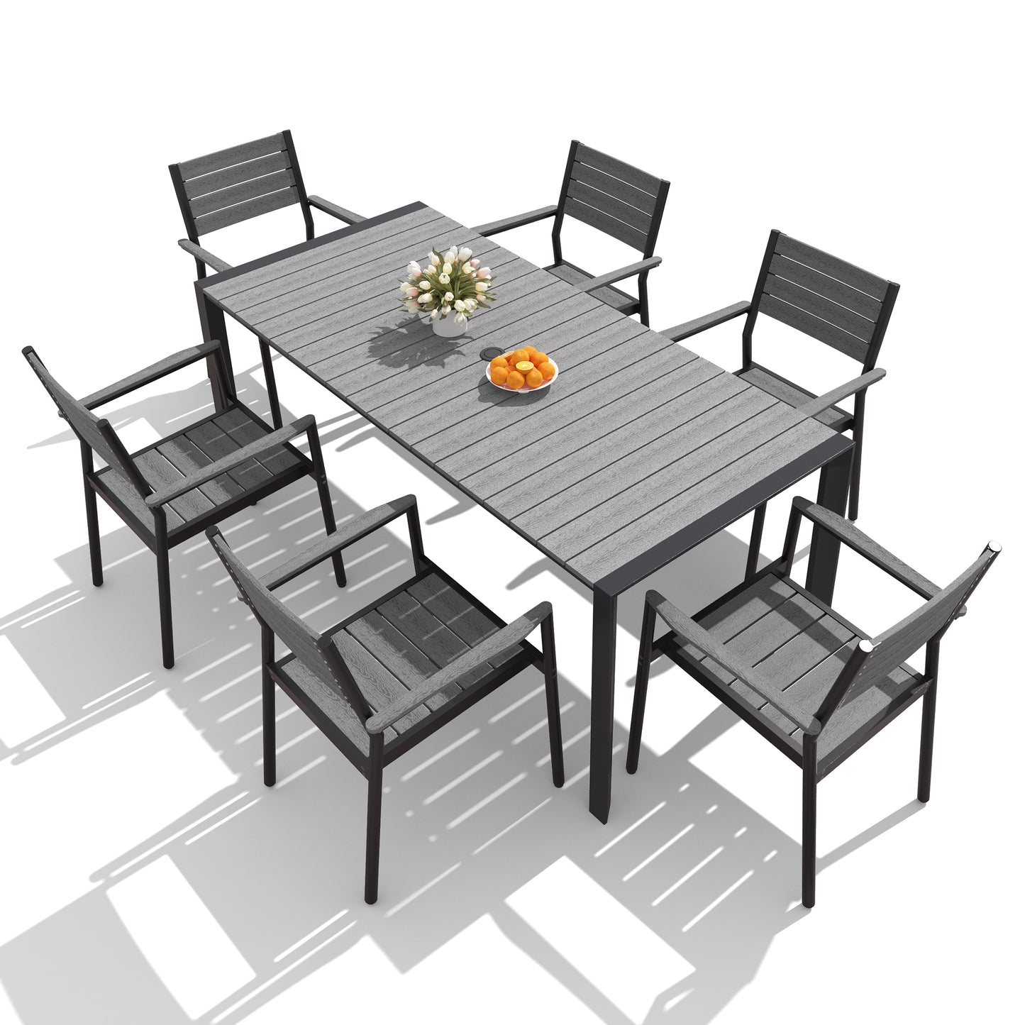 Crestlive Products Rectangular Aluminum Outdoor Dining Table with Umbrella Hole with Outdoor Stackable Dining Chair