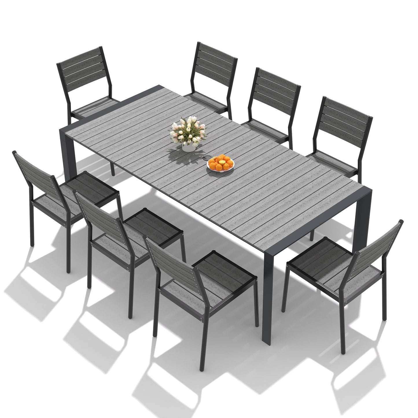 Crestlive Products Rectangular Aluminum Outdoor Dining Table with Umbrella Hole with Outdoor Stackable Dining Chair