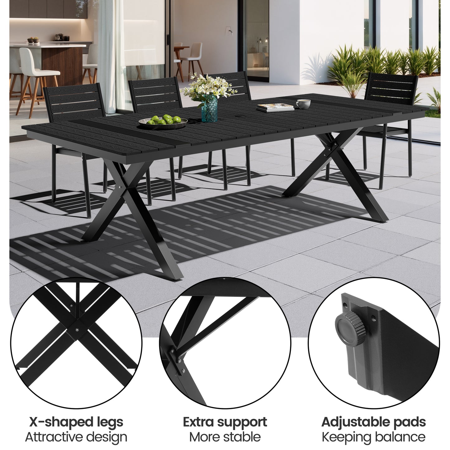 Crestlive Products Aluminum Outdoor Dining Table with Umbrella Hole and Stackable Chairs