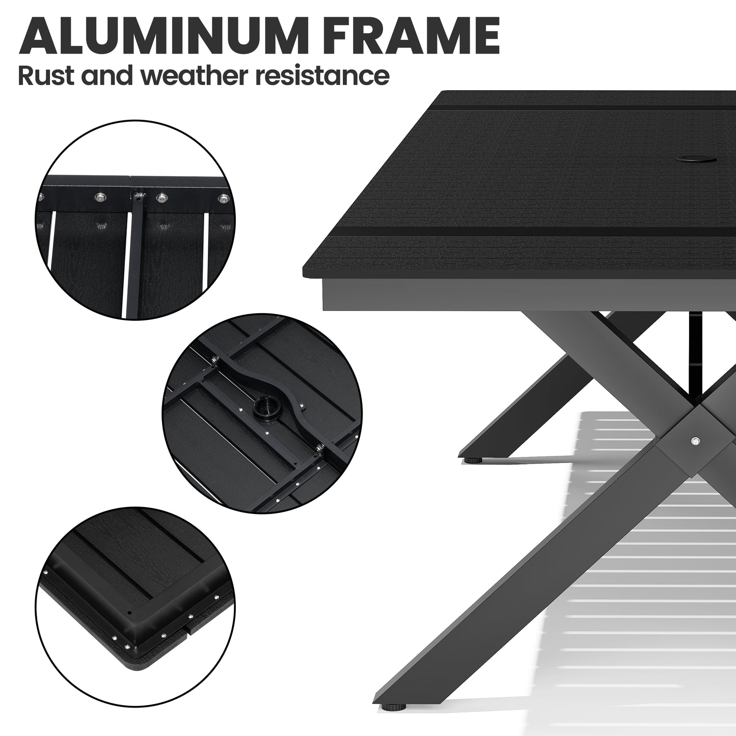 Crestlive Products Aluminum Outdoor Dining Table with Umbrella Hole and Stackable Chairs
