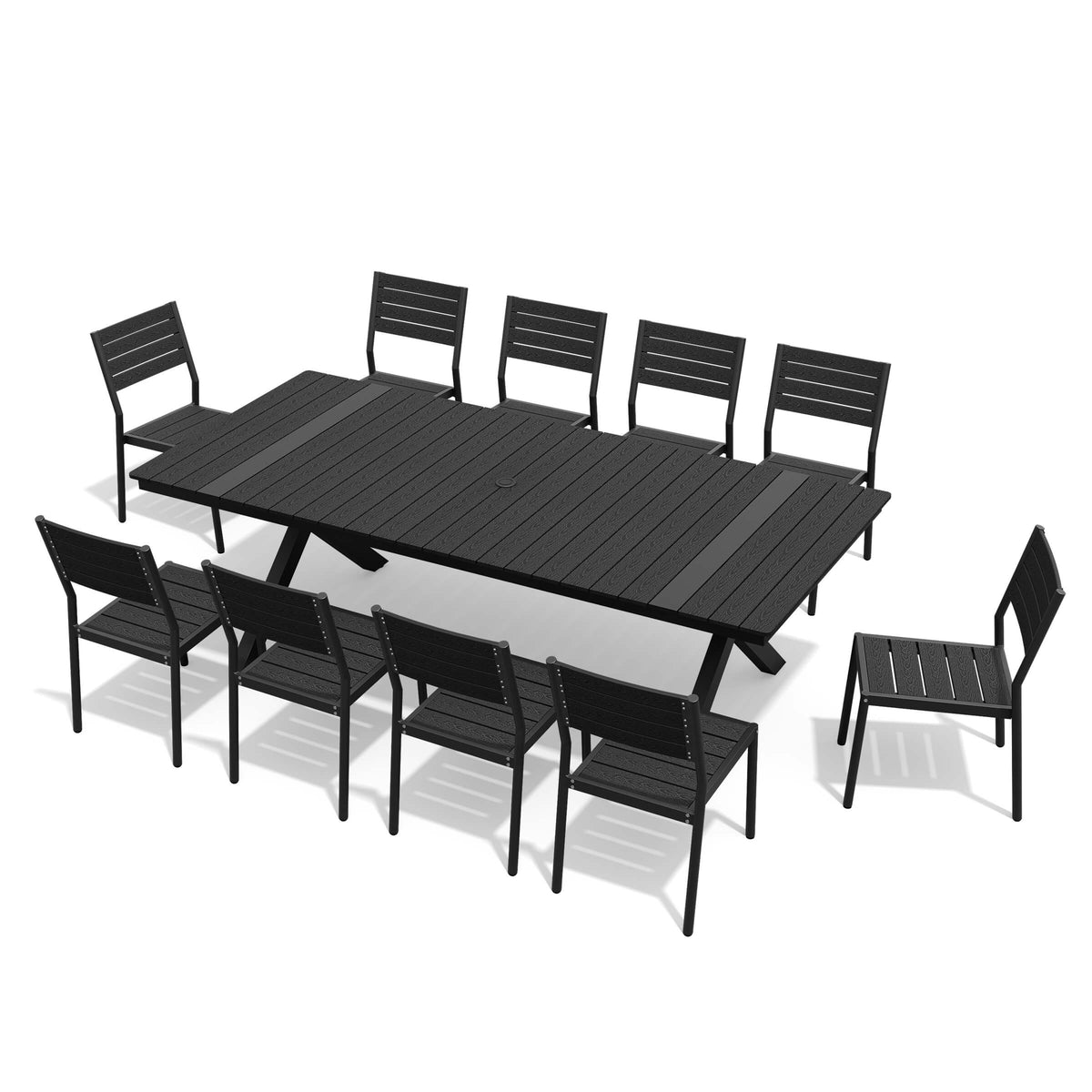 10-piece outdoor patio dining set with black WPC slatted umbrella table and armless chairs.