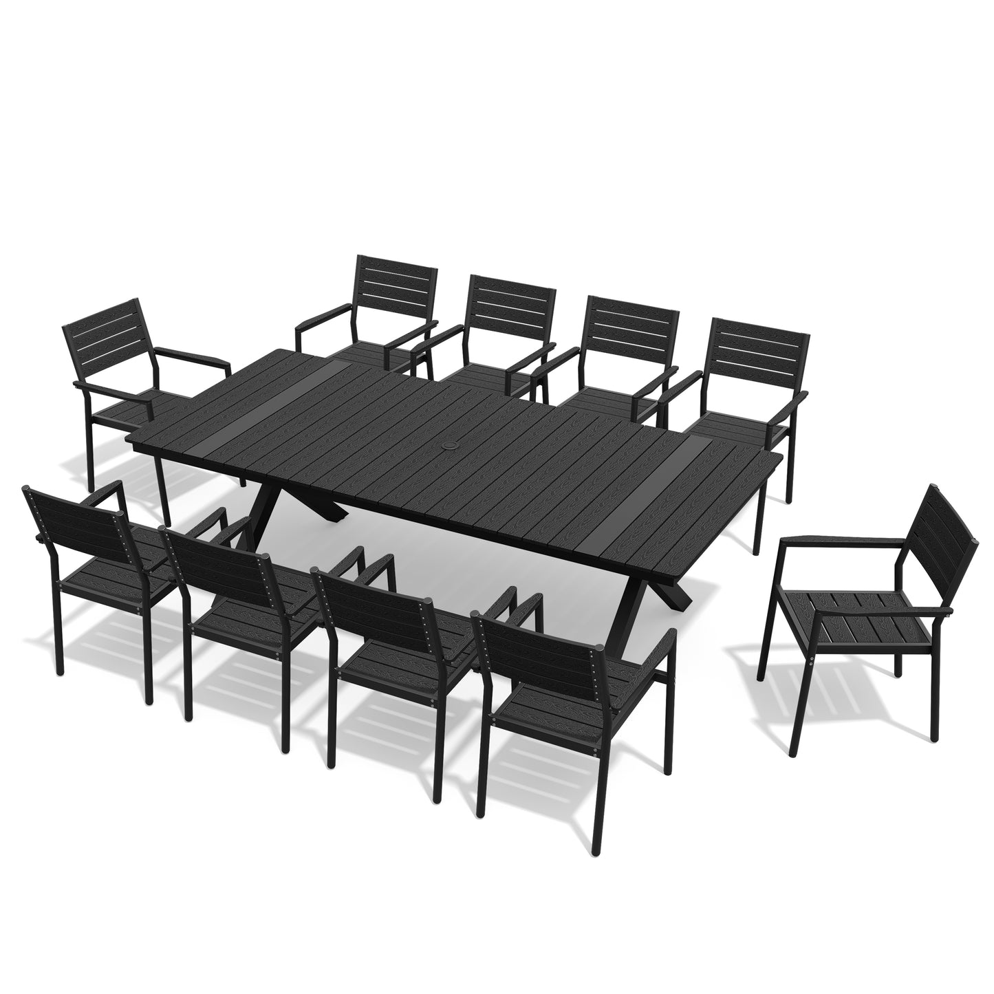 Crestlive Products Rectangular Aluminum Outdoor Dining Table with Umbrella Hole Outdoor with Stackable Dining Chair