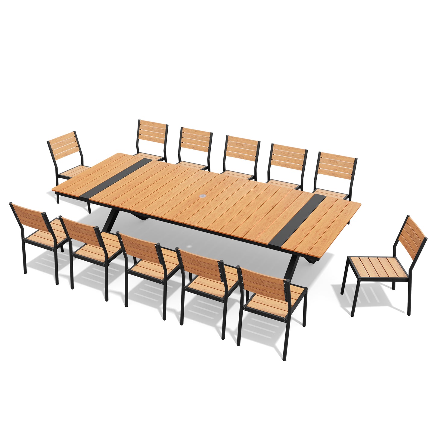 Crestlive Products Rectangular Aluminum Outdoor Dining Table with Umbrella Hole with Outdoor Stackable Dining Chair