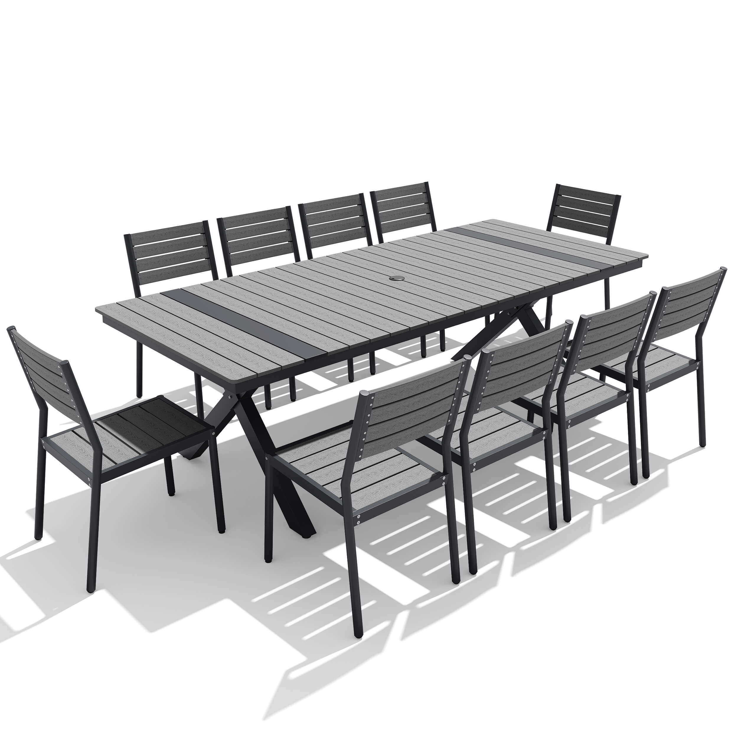 10-piece dark grey patio dining set with WPC slatted umbrella table and armless chairs.