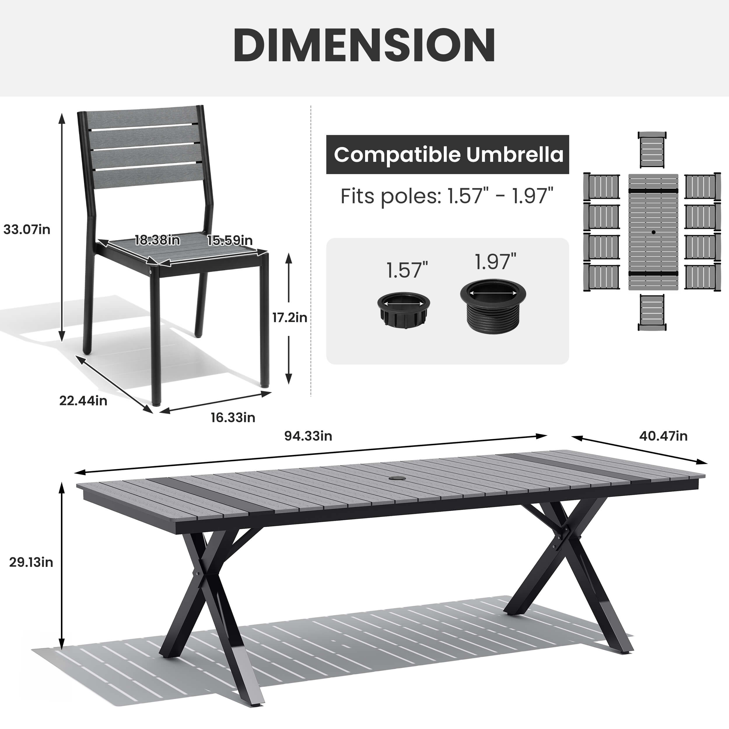 Dimensions diagram of 10-person patio dining set with 94" grey WPC umbrella table and armless chairs.