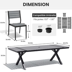 Dimensions diagram of 10-person patio dining set with 94" grey WPC umbrella table and armless chairs.