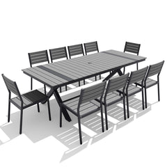 10-piece dark grey patio dining set with WPC slatted umbrella table and armless chairs.