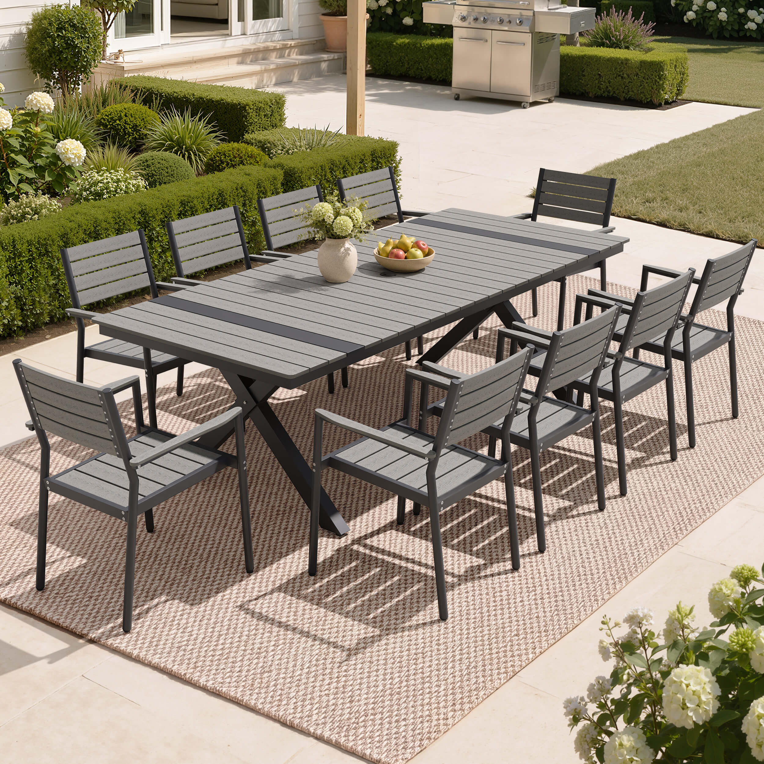 10-person dark grey patio dining set with WPC slatted umbrella table and armchairs in backyard.