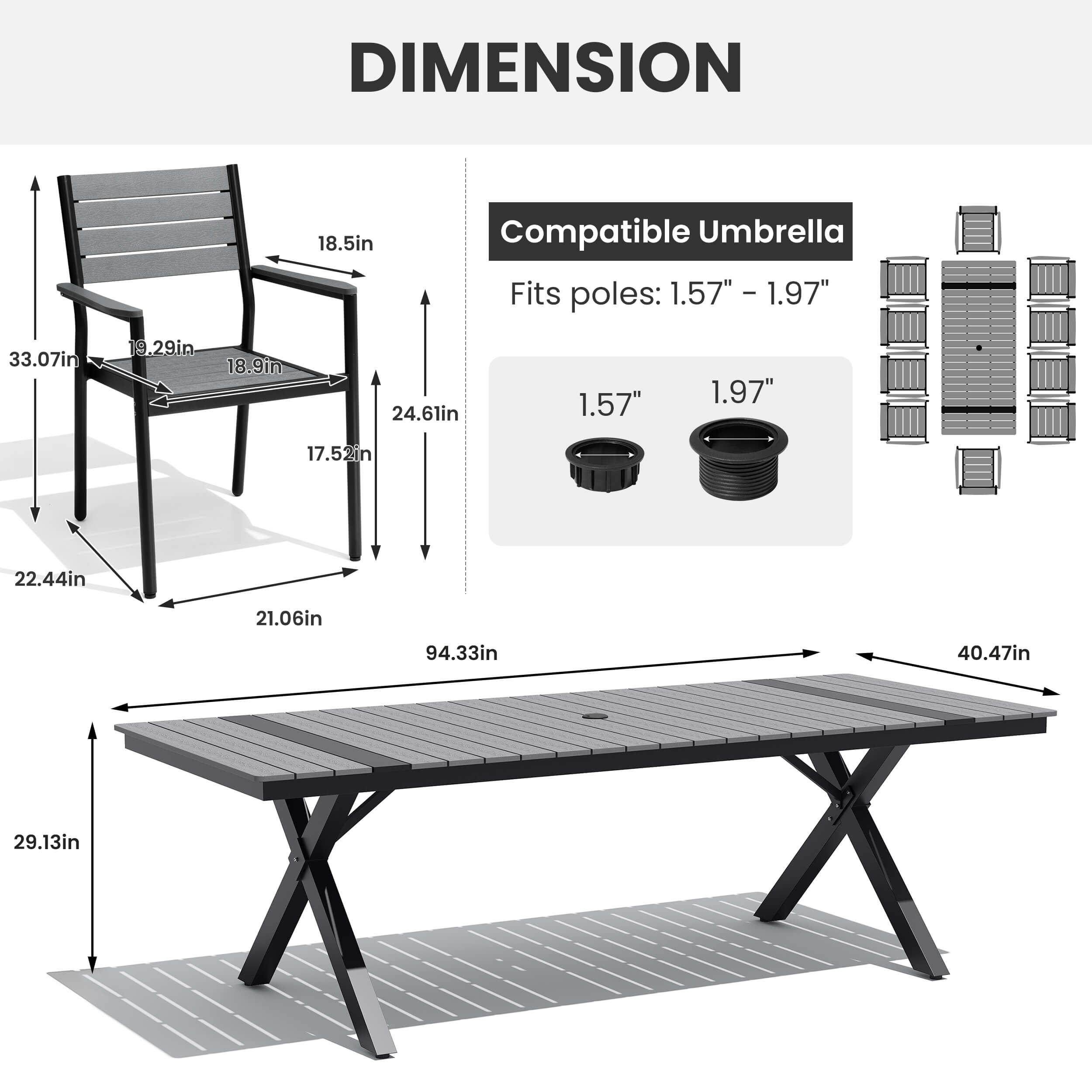 Dimensions diagram of 10-person patio dining set with 94" grey WPC umbrella table and armchairs.