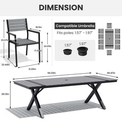 Dimensions diagram of 10-person patio dining set with 94" grey WPC umbrella table and armchairs.