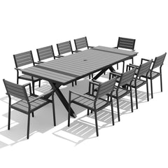 10-person dark grey patio dining set with WPC slatted umbrella table and aluminum armchairs.