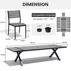 Dimensions diagram of 12-person patio dining set with 118" grey WPC umbrella table and armless chairs.