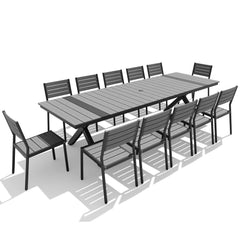 12-piece dark grey patio dining set with WPC slatted umbrella table and armless chairs.