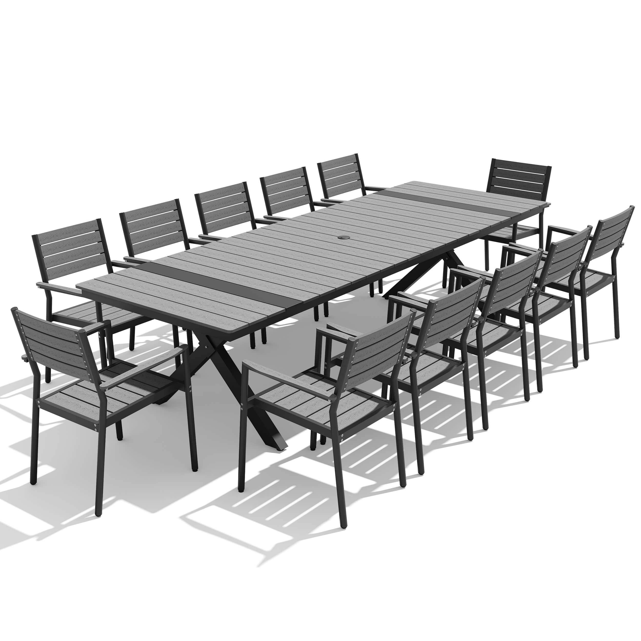 12-person dark grey patio dining set with WPC slatted umbrella table and aluminum armchairs.