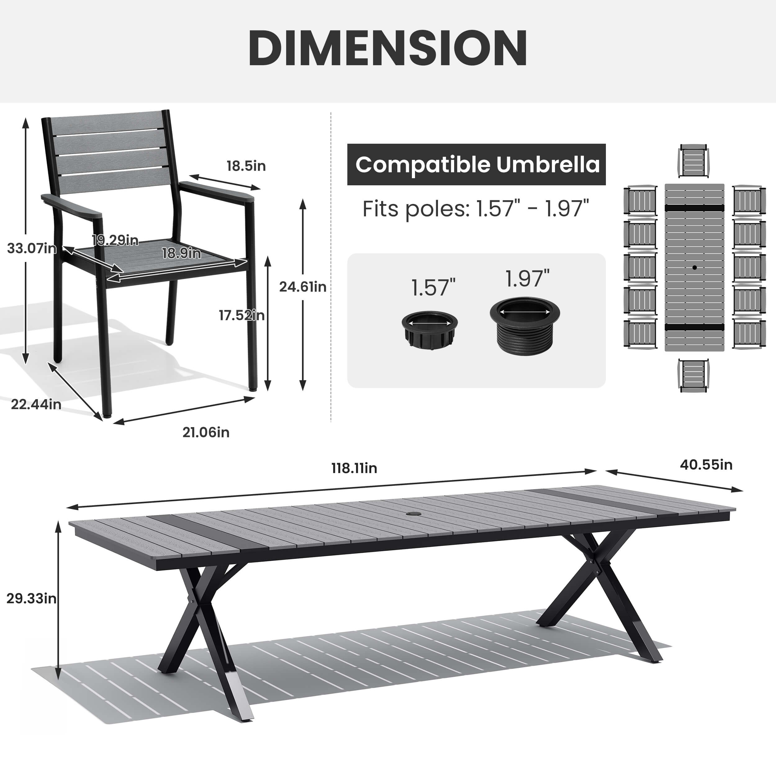 Dimensions diagram of 12-person patio dining set with 118" grey WPC umbrella table and armchairs.