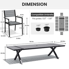 Dimensions diagram of 12-person patio dining set with 118" grey WPC umbrella table and armchairs.