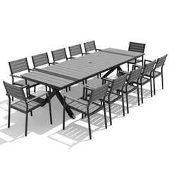 12-person dark grey patio dining set with WPC slatted umbrella table and aluminum armchairs.