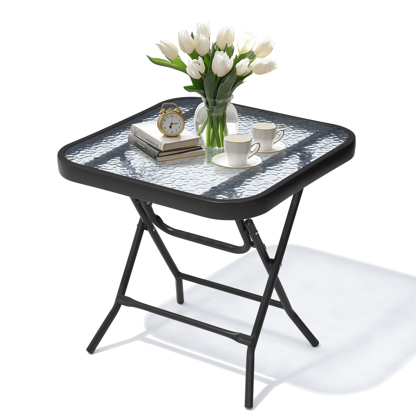 Crestlive Products 18 x 18 in. Foldable Metal Frame Square Glass Top Outdoor Side Table