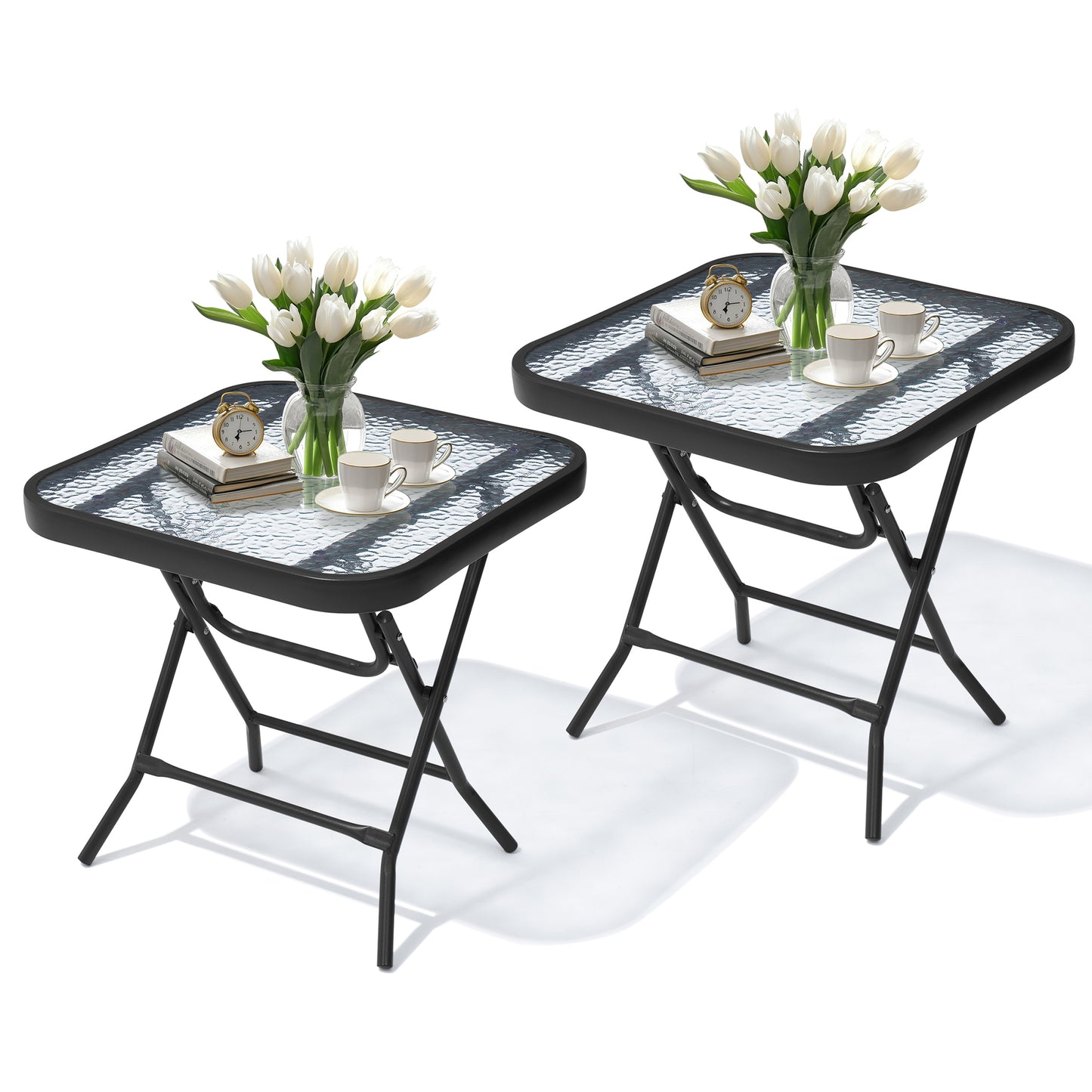 Crestlive Products 18 x 18 in. Foldable Metal Frame Square Glass Top Outdoor Side Table