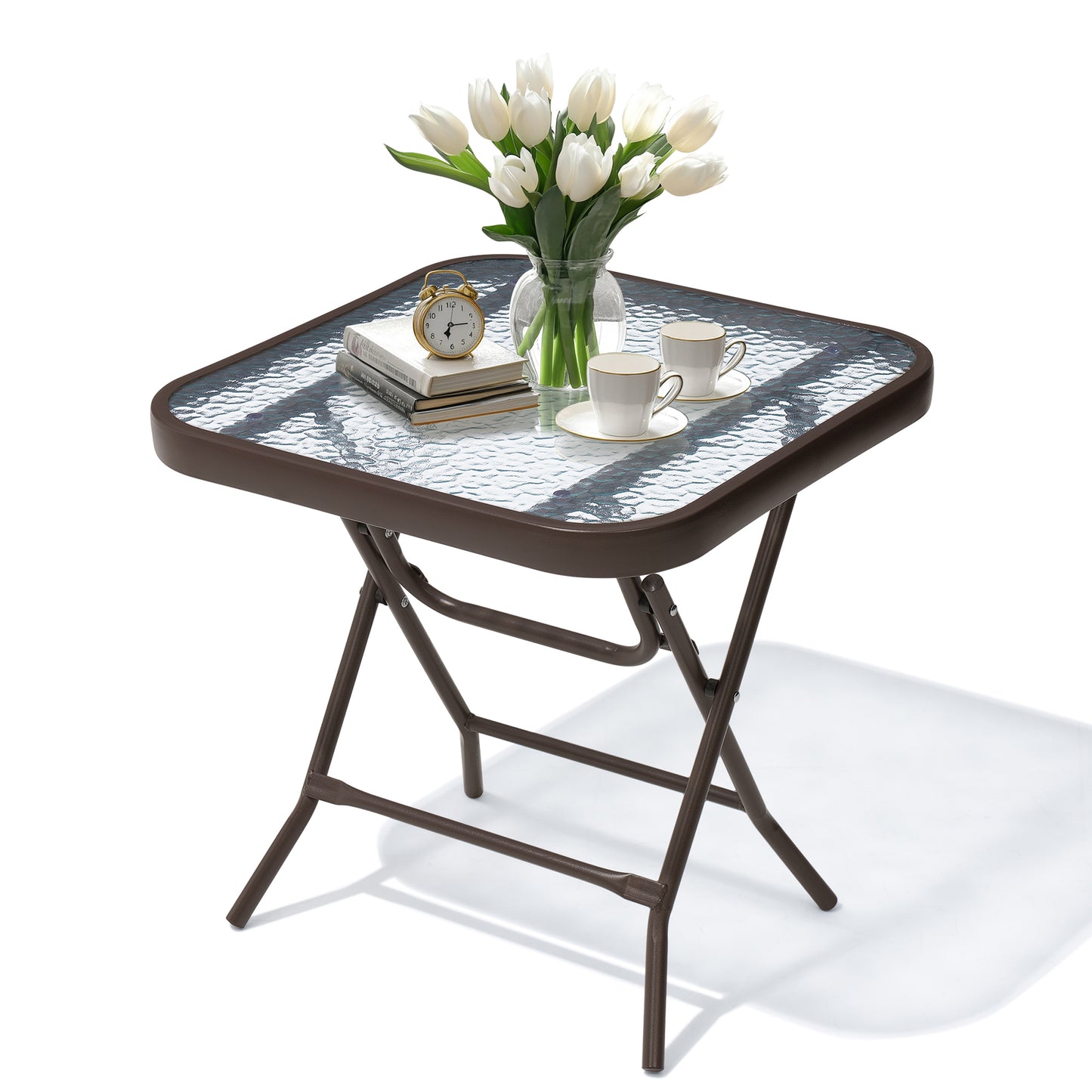 Crestlive Products 18 x 18 in. Foldable Metal Frame Square Glass Top Outdoor Side Table