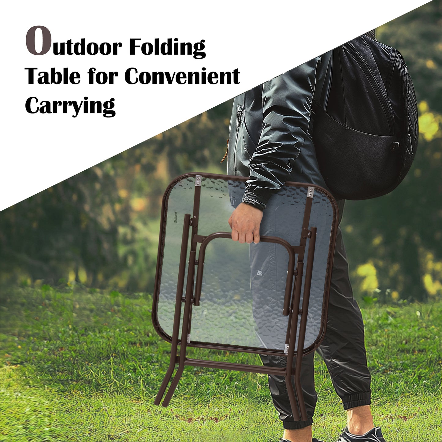 Crestlive Products 18 x 18 in. Foldable Metal Frame Square Glass Top Outdoor Side Table