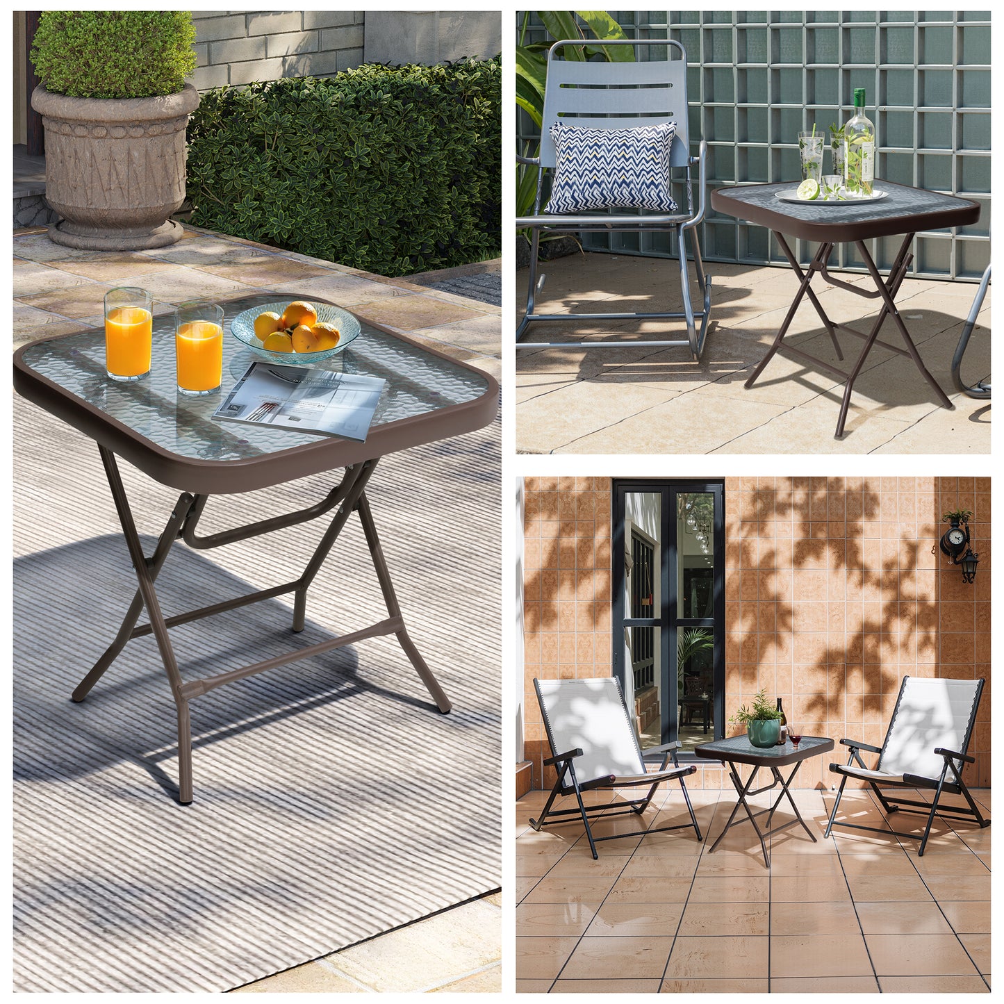 Crestlive Products 18 x 18 in. Foldable Metal Frame Square Glass Top Outdoor Side Table