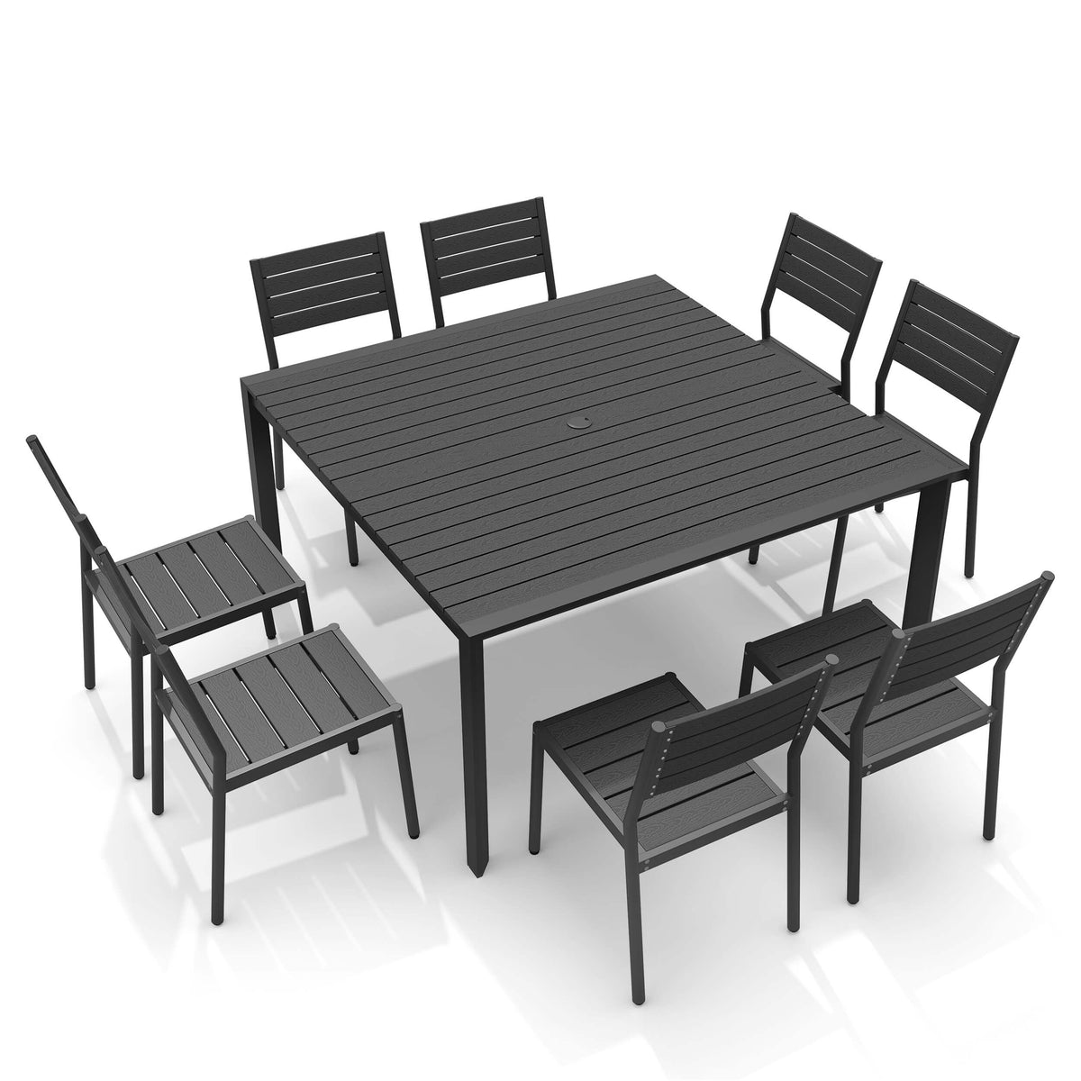 8-piece outdoor patio dining set with black square WPC table and 8 armless chairs.