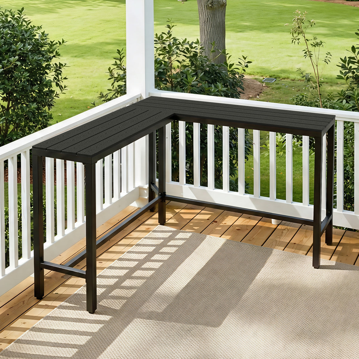 3-Piece Outdoor Bar Set with L-Shaped Wood-Plastic Table and Bar Chairs