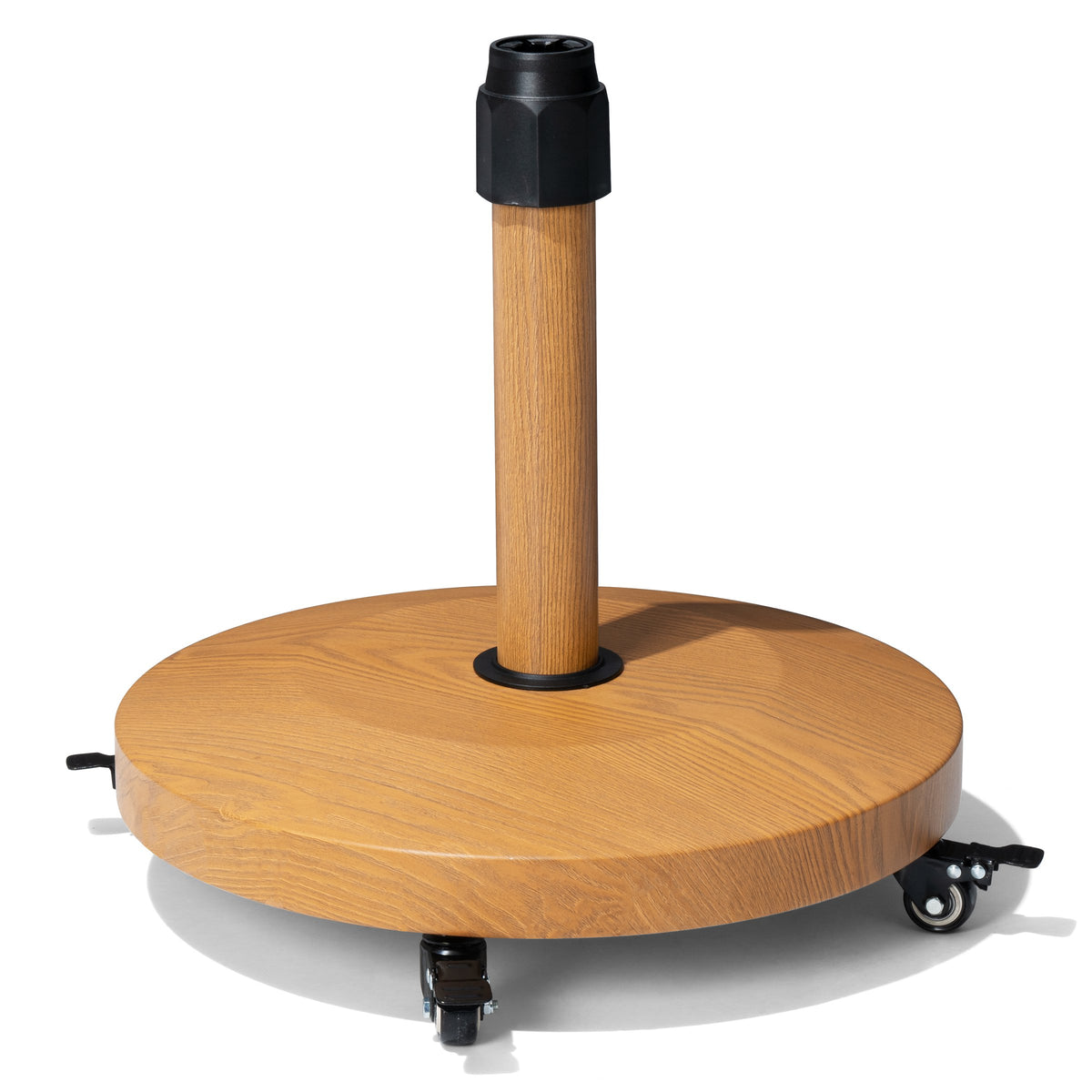 55 lbs round wood grain patio umbrella base with 4 caster wheels for easy mobility.