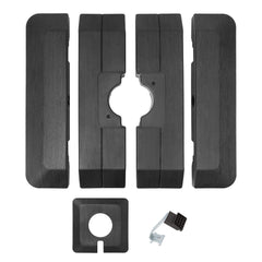 Disassembled 4-piece black fillable cantilever umbrella base showing base sections, center cover, and pedal.