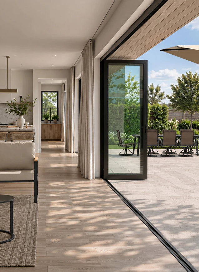 Seamless extension of home with open glass sliding doors transitioning from indoor living room to outdoor patio.