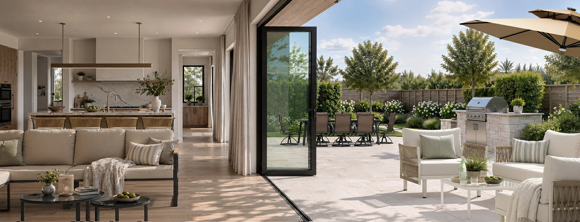 Seamless extension of home showing modern open-concept living room flowing into an outdoor patio with sofa and dining set.